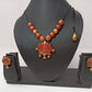 Terracotta Lotus Pendant Necklace Set With Studs-Golden Pink
