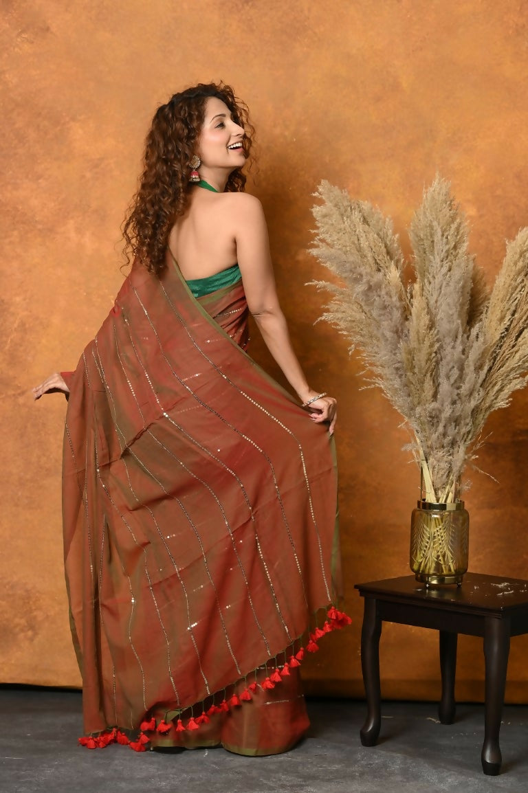 Very Much Indian Designer Mul Cotton Handloom Saree with Sequins - Red | Swadesiicart