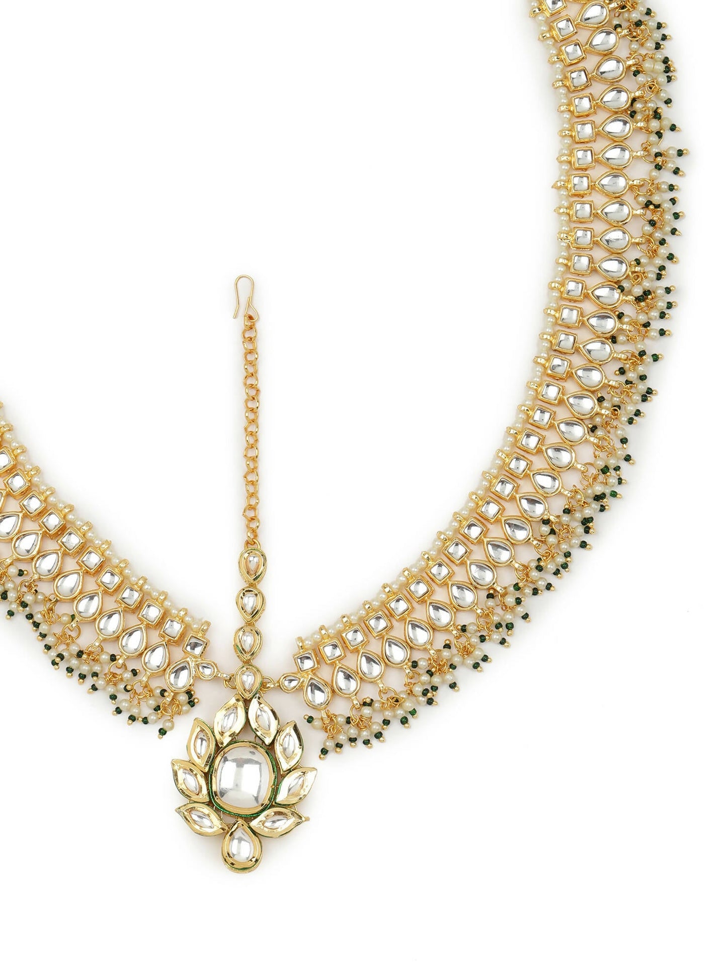 Gold-Polished Green White Kundan-Studded Beaded Matha Patti - Ruby Raang | Swadesiicart