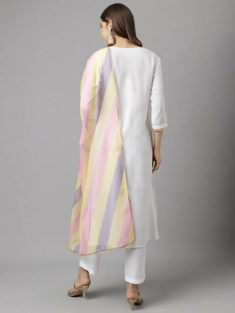 FIORRA Women's White Cotton A-Line Kurta Pant With Dupatta - Swadesiicart