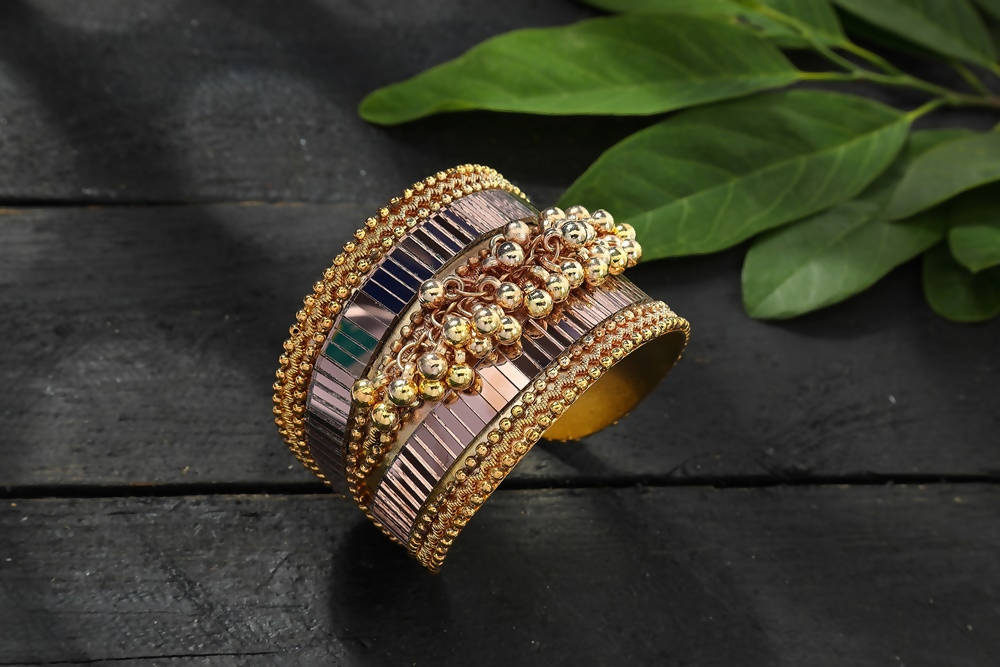 Mominos Fashion Kamal Johar Oxidised Gold-Plated Ghungroo Handcraft Cuff Bracelet
