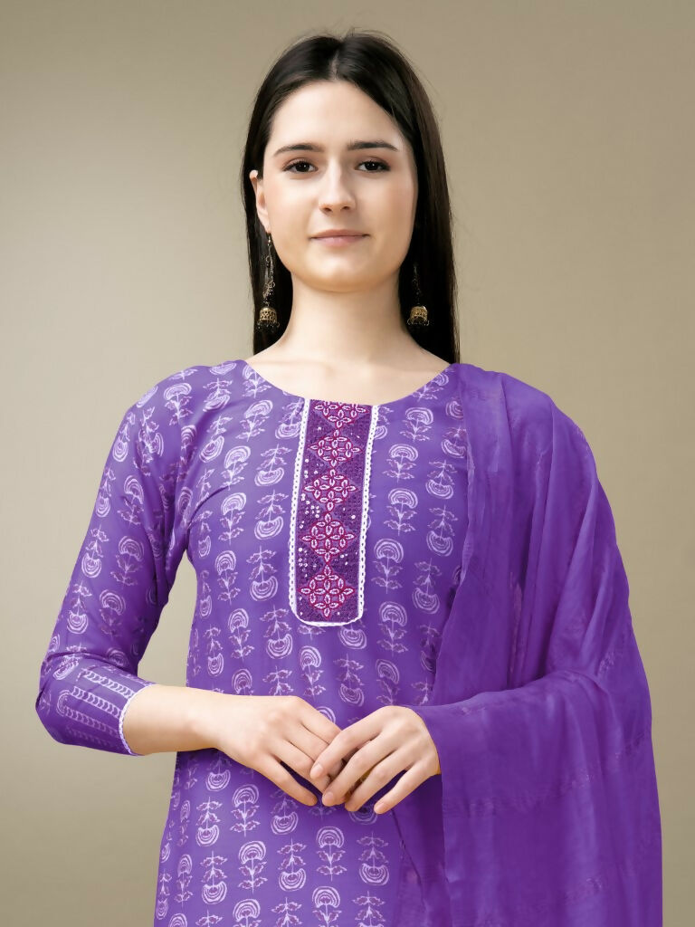 Jyoti Fashion Women's Purple Rayon Embroidery & Sequence work Kurta with Trouser & Dupatta | Swadesiicart