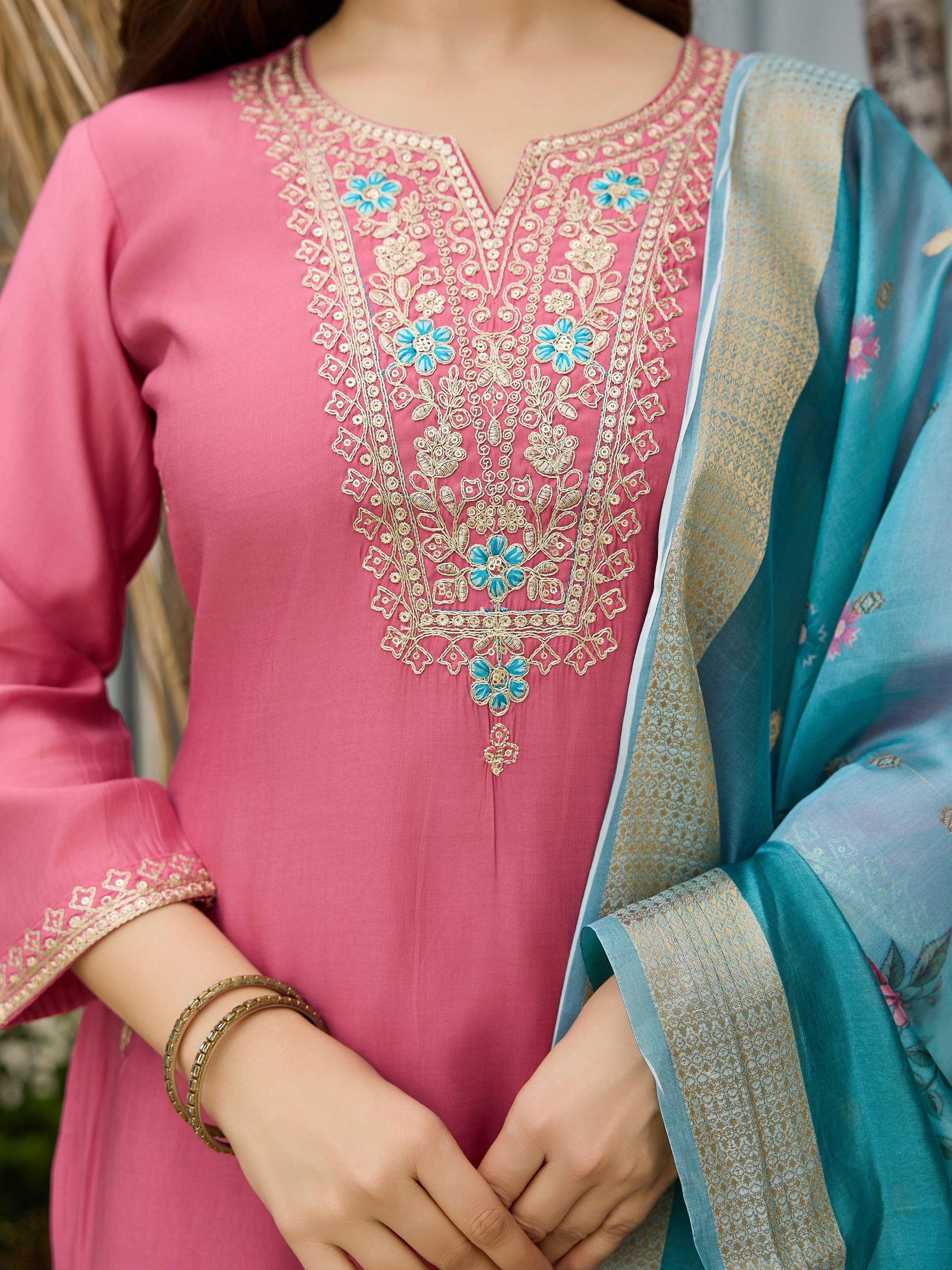 The52 Women Gorgeous Embroidery Work with Viscose Silk Fabric Straight Kurta, Pant and Dupatta Set - Swadesiicart