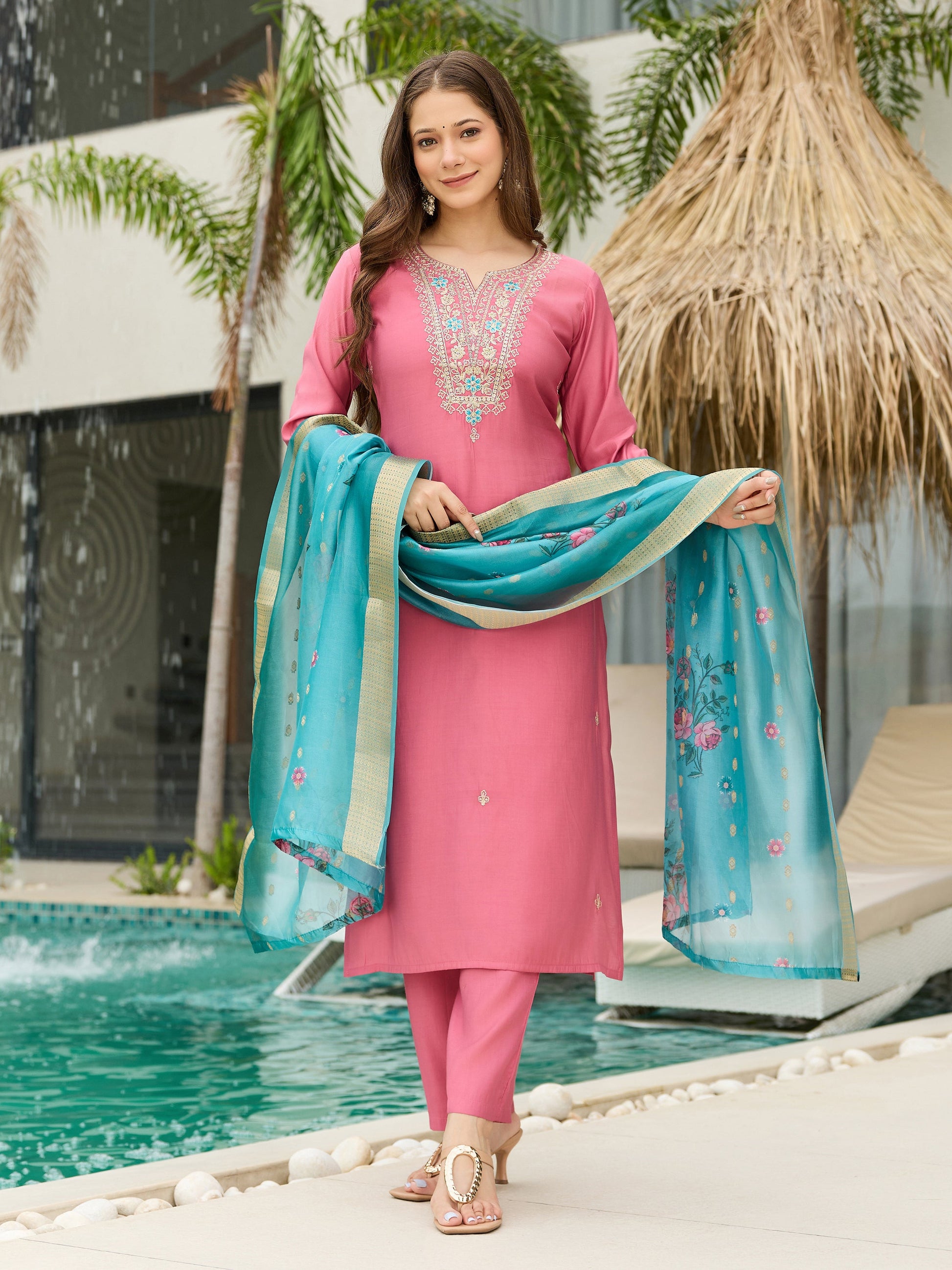 The52 Women Gorgeous Embroidery Work with Viscose Silk Fabric Straight Kurta, Pant and Dupatta Set - Swadesiicart