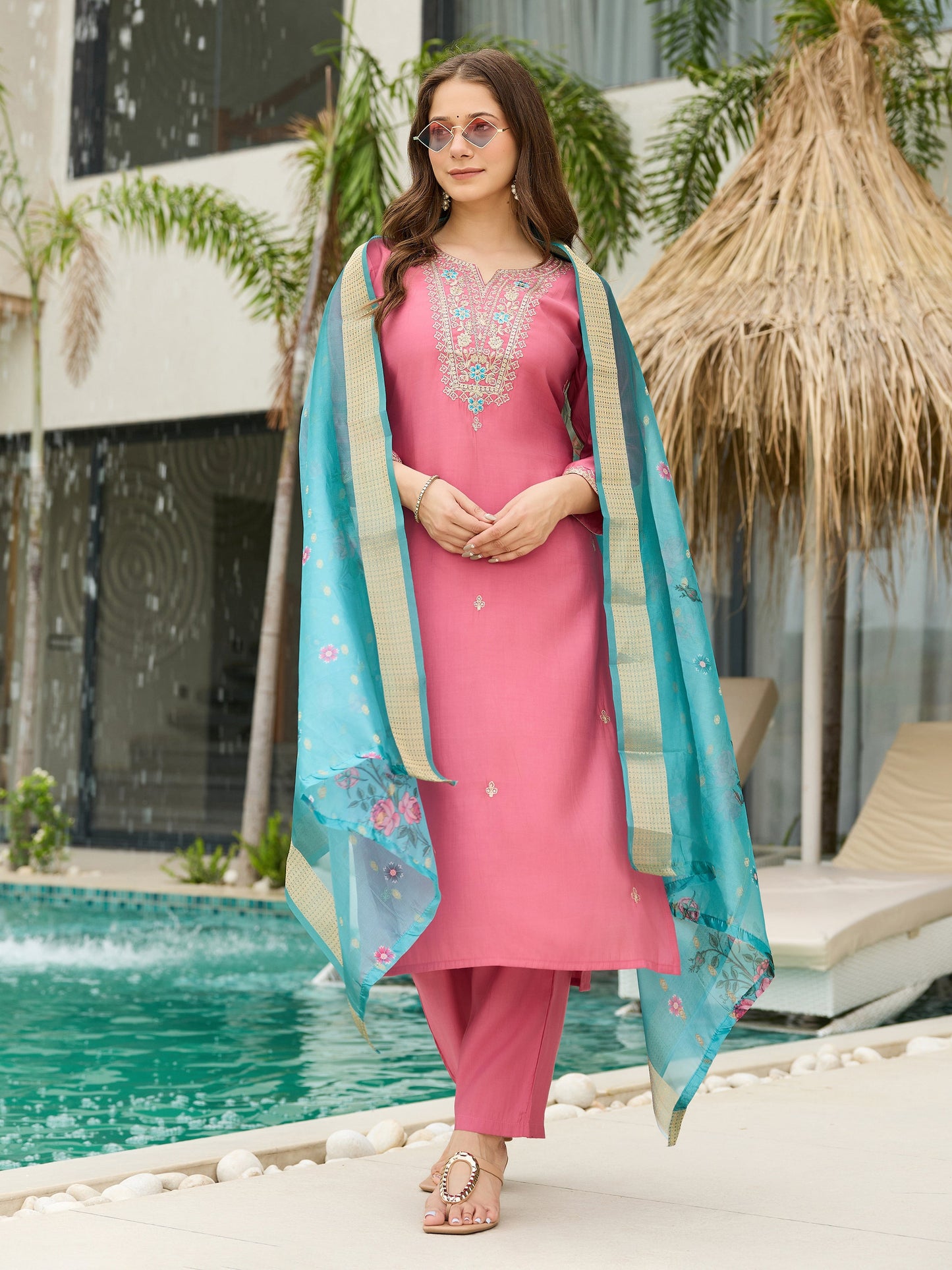 The52 Women Gorgeous Embroidery Work with Viscose Silk Fabric Straight Kurta, Pant and Dupatta Set - Swadesiicart