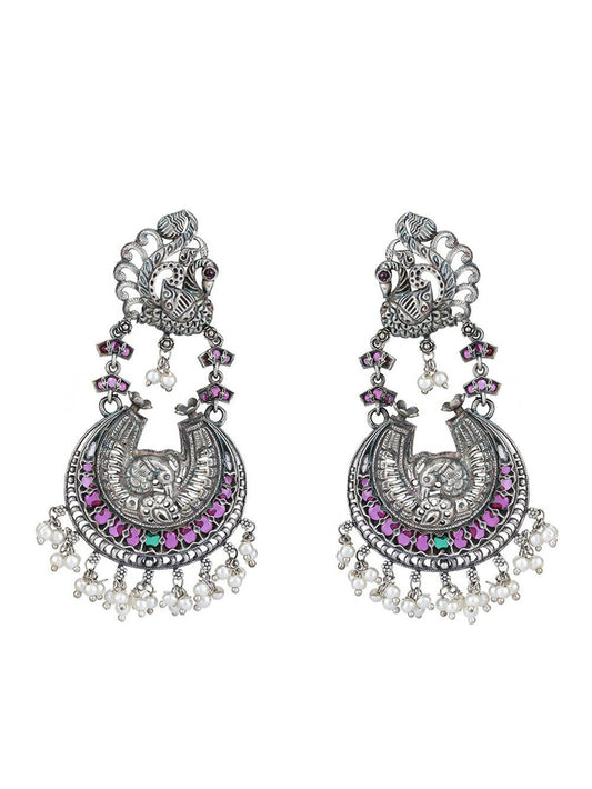 Joban Fashion Women Red Stones Silver Tone Brass Earrings | Swadesiicart