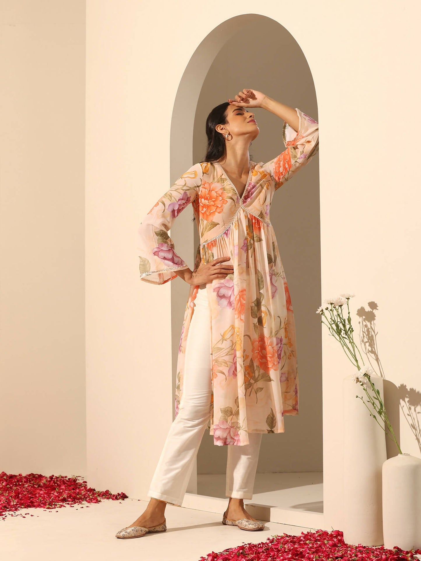 Pomcha Jaipur Peach Gul Ruhani Suit Set | Swadesiicart