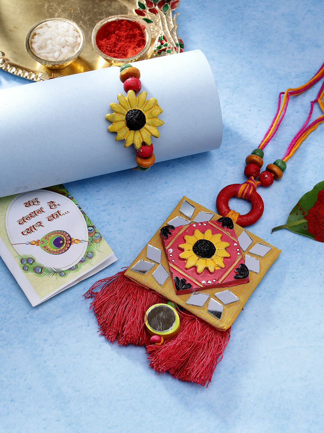 NVR Women & Men Set of 2 Red & Yellow Mirror Work Handcrafted Bhaiya Bhabi Rakhi With Roli Chawal | Swadesiicart