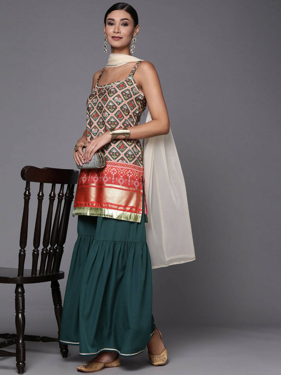 Ahalyaa Women Green & Red Ethnic Motifs Print Kurti with Sharara & Dupatta | Swadesiicart