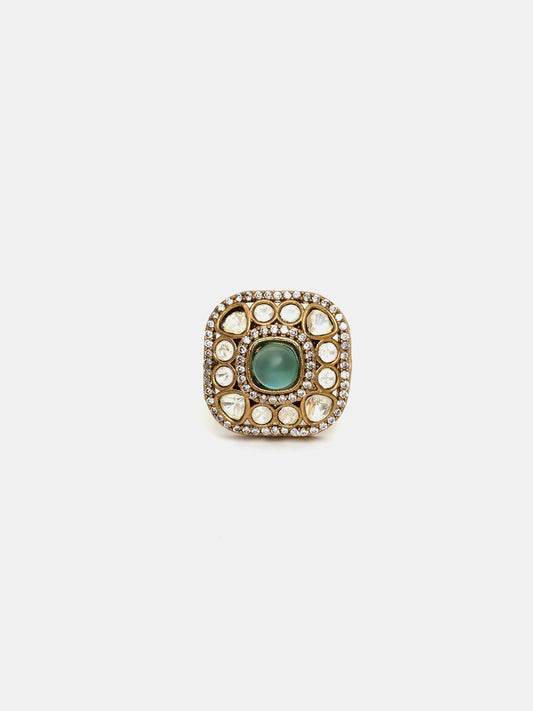 Ruby Raang Gold Polished Green Kundan And Stone Ring | Swadesiicart