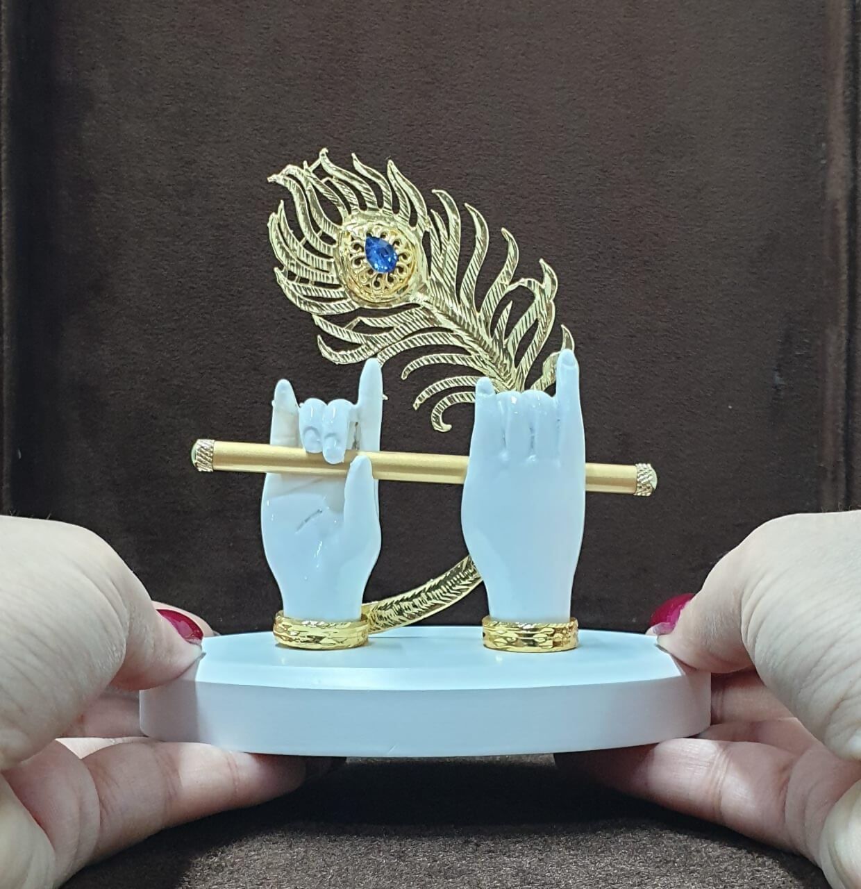 House Of Wemy Gold-Polished Melody Krishna Hands Idol with Flute and Peacock Feather - White - Swadesiicart