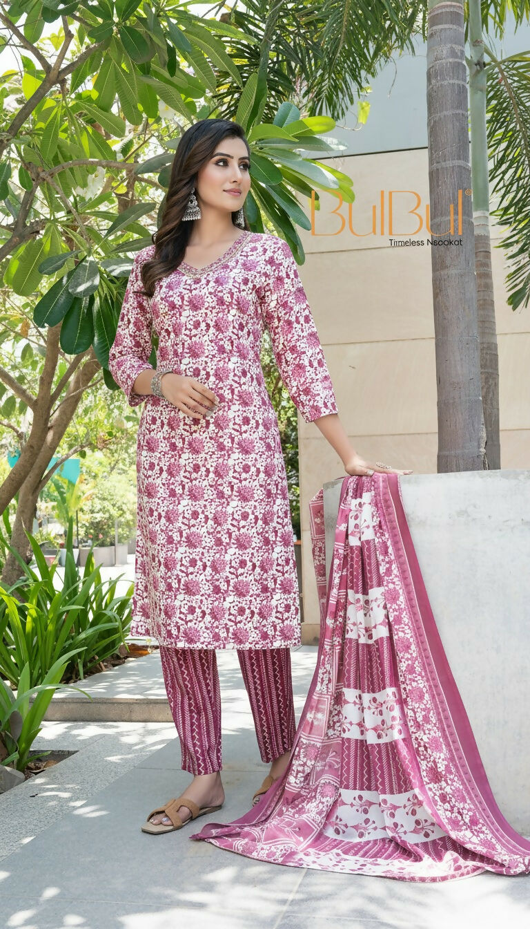 BulBul Fashionista Wine Cotton Kurta Set with Dupatta - Swadesiicart