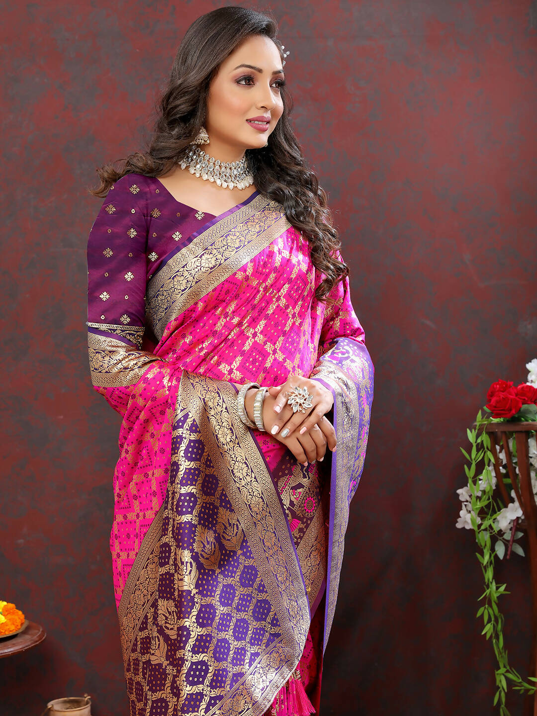 Lorenvalley Fashion Magenta & Wine Patola Silk Woven Design Meenakari Weaving Saree - Swadesiicart