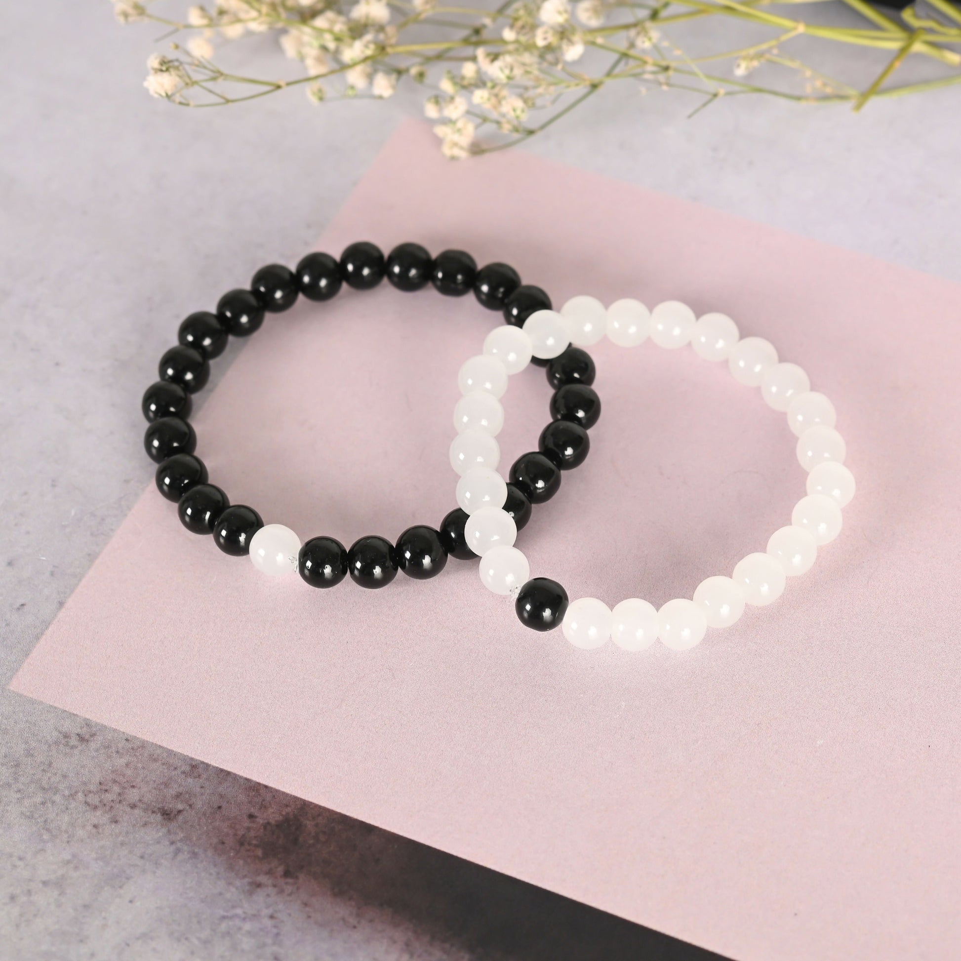 NVR Men & Women White & Black Marbel Crystal Elasticated Bracelet - Swadesiicart