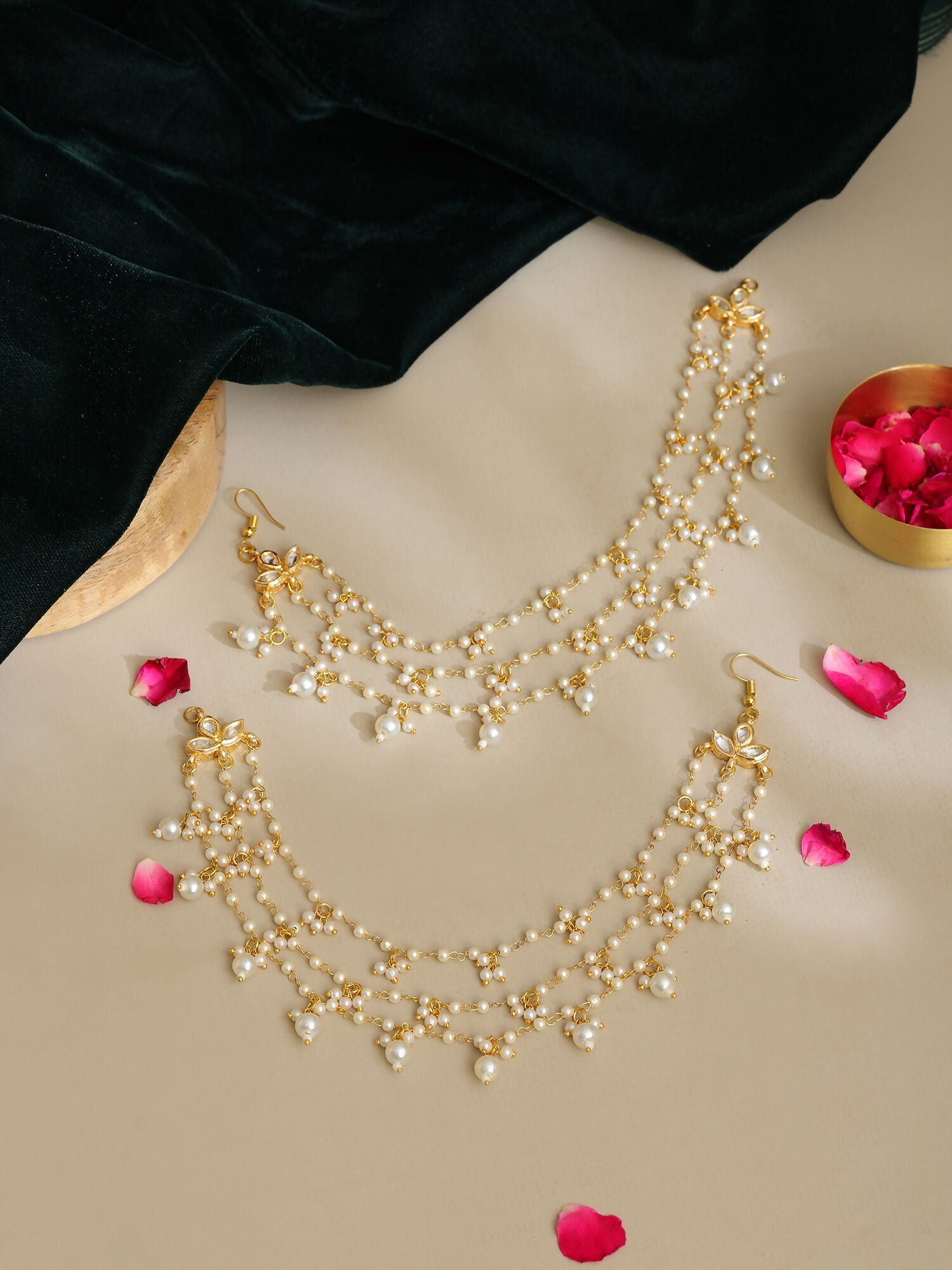 Ruby Raang Gold Pearl Ear Chains (set of 2) | Swadesiicart