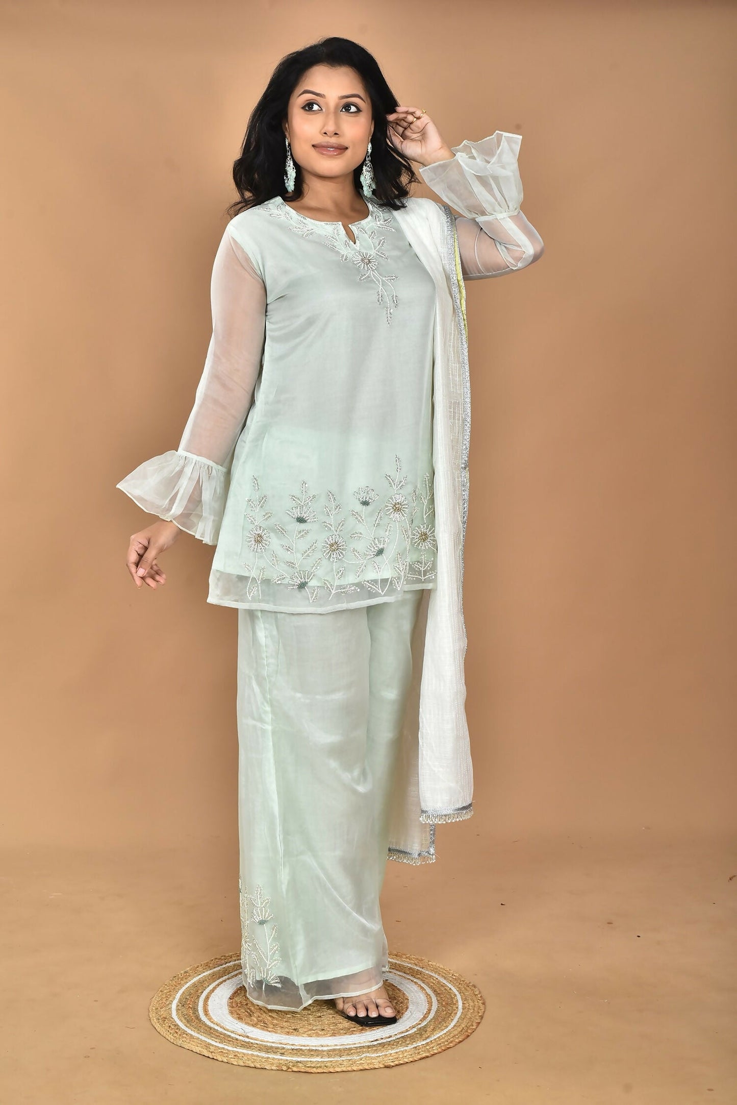 Morchari Women And Hand Embroidery Palazzo Set-Green - Swadesiicart