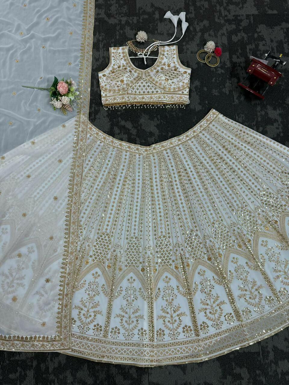 Jyoti Fashion Women's White Faux Georgette Sequins with Thread Embroidered Designer Lehenga Choli Set | Swadesiicart