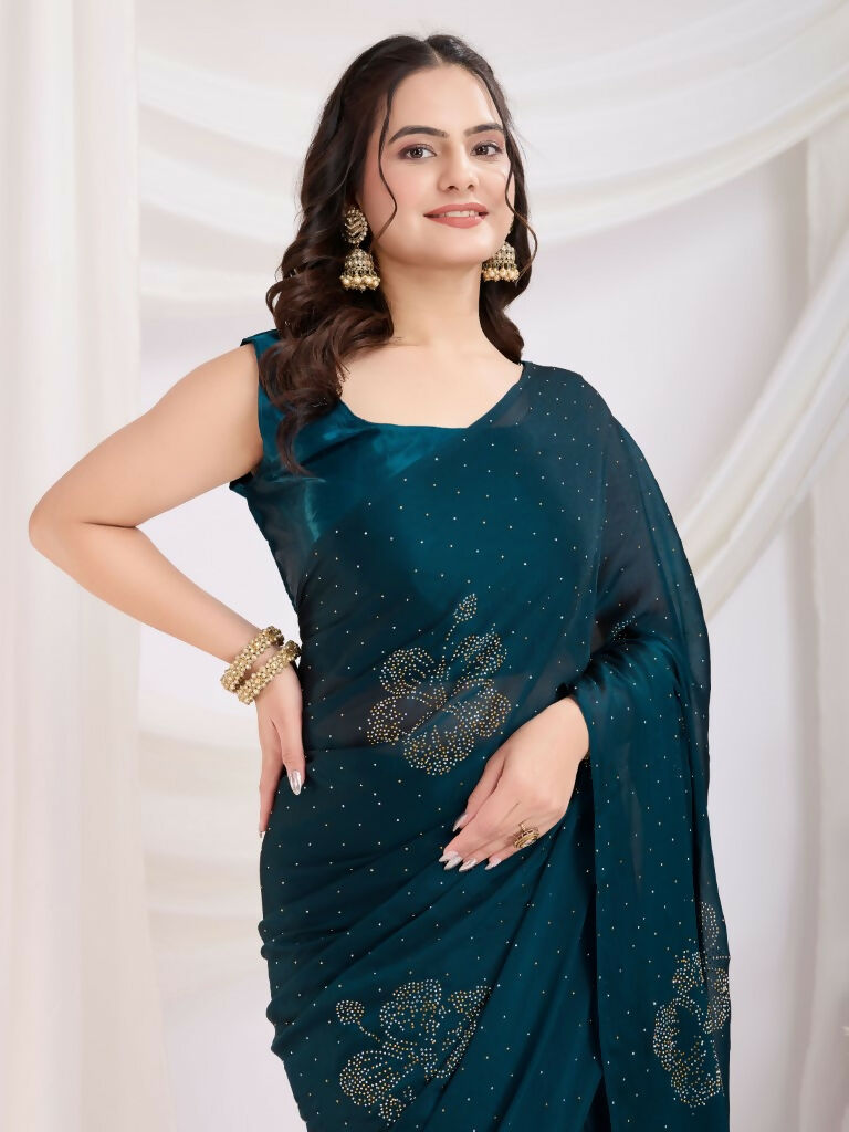Teal Blue Rangoli Silk Diamond Work Ready To Wear Saree - Tamana | Swadesiicart