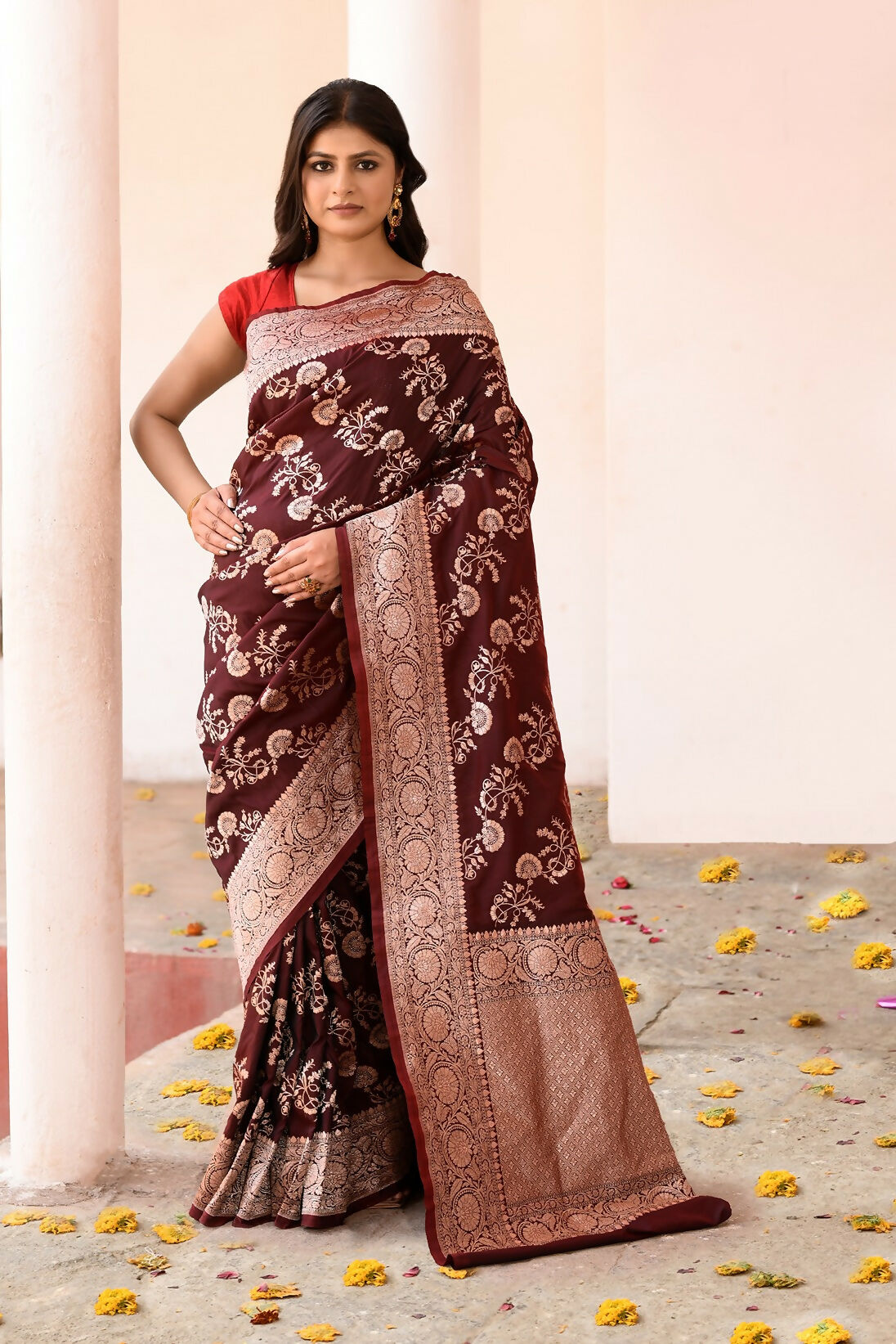 Joban Fashion Coco Brown Banarasi Soft Pure Handloom Banarasi Silk Saree | Swadesiicart