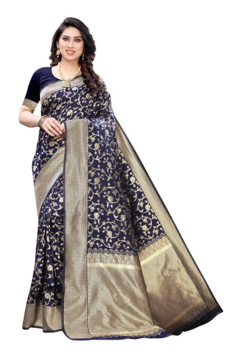 Vamika Banarasi Jacquard Weaving Navy Blue Saree (PARINITI NAVY) | Swadesiicart