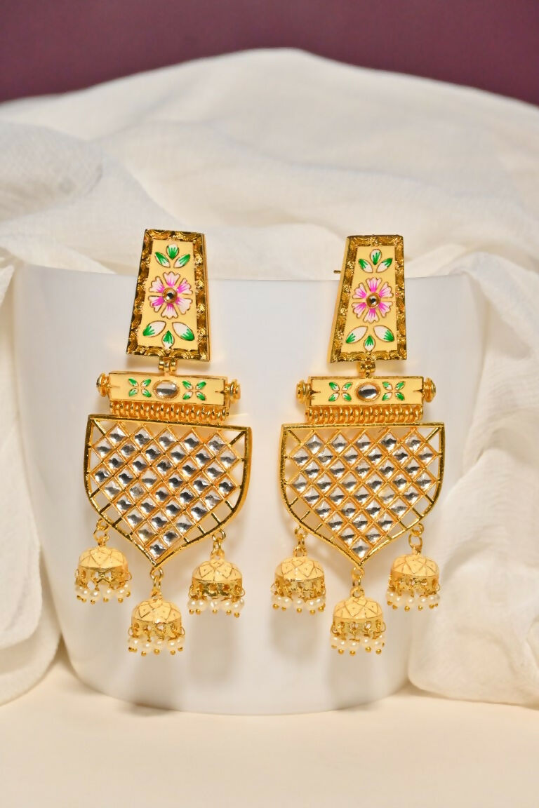 Beige Traditional Gold-Polished Meenakari Jhumka Jhumki Earrings Indian Jewellery For Women Girls By House of Ree - Swadesiicart
