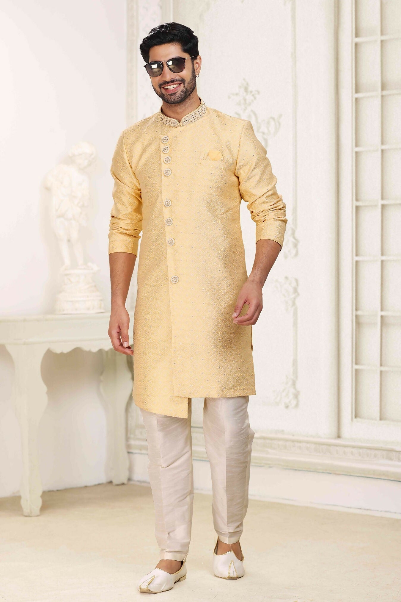 Raivat Ethnic Banarasi Jacquard Embroidery Semi Indo Western Sherwani In Yellow Colour | Swadesiicart