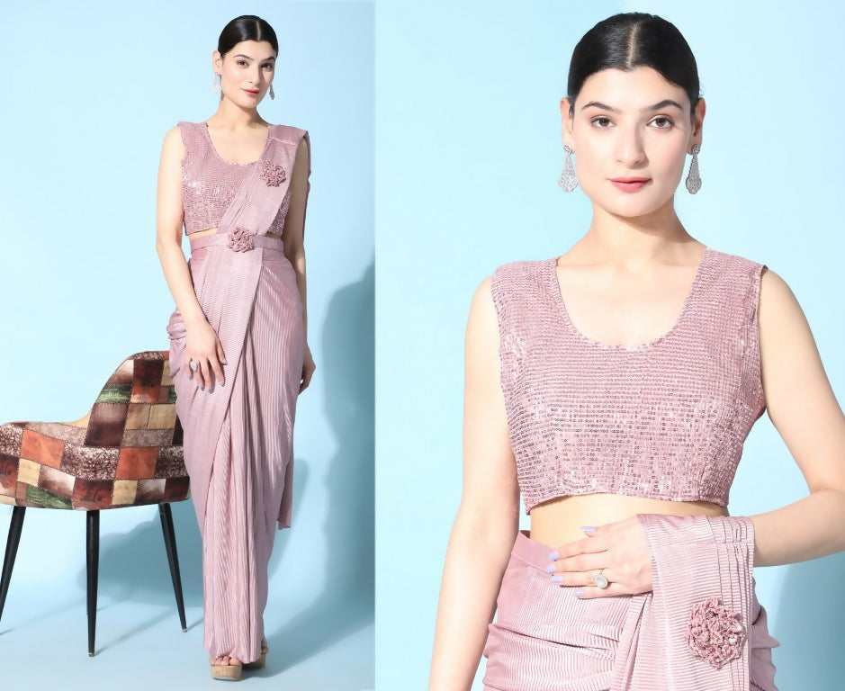 Pink Imported Crush Lycra Texture Pattern Ready to Wear Saree with stitched Blouse - Nirvana | Swadesiicart