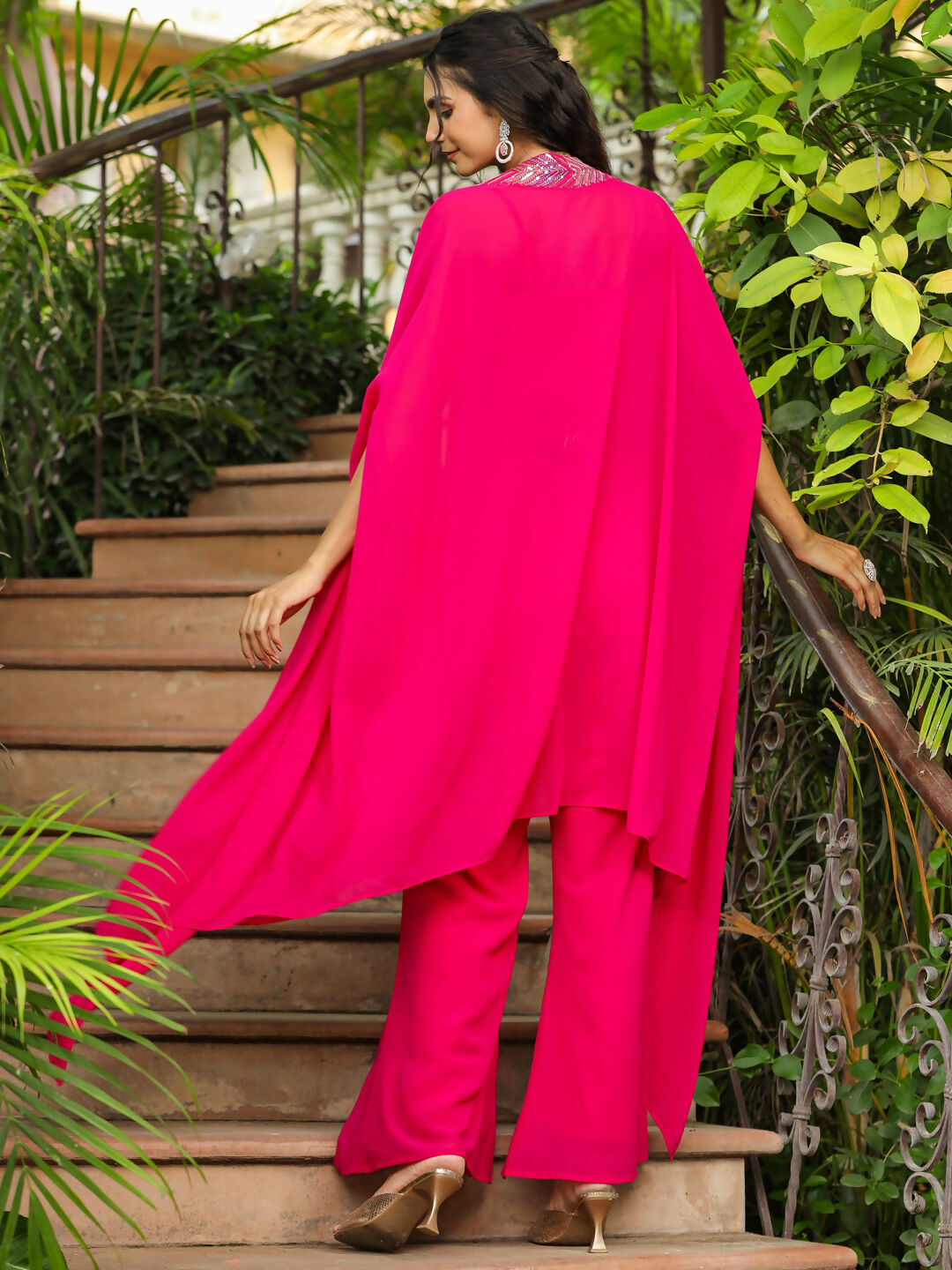 Janasya Pink Georgette Embroidered Top Bottom Cape | Swadesiicart