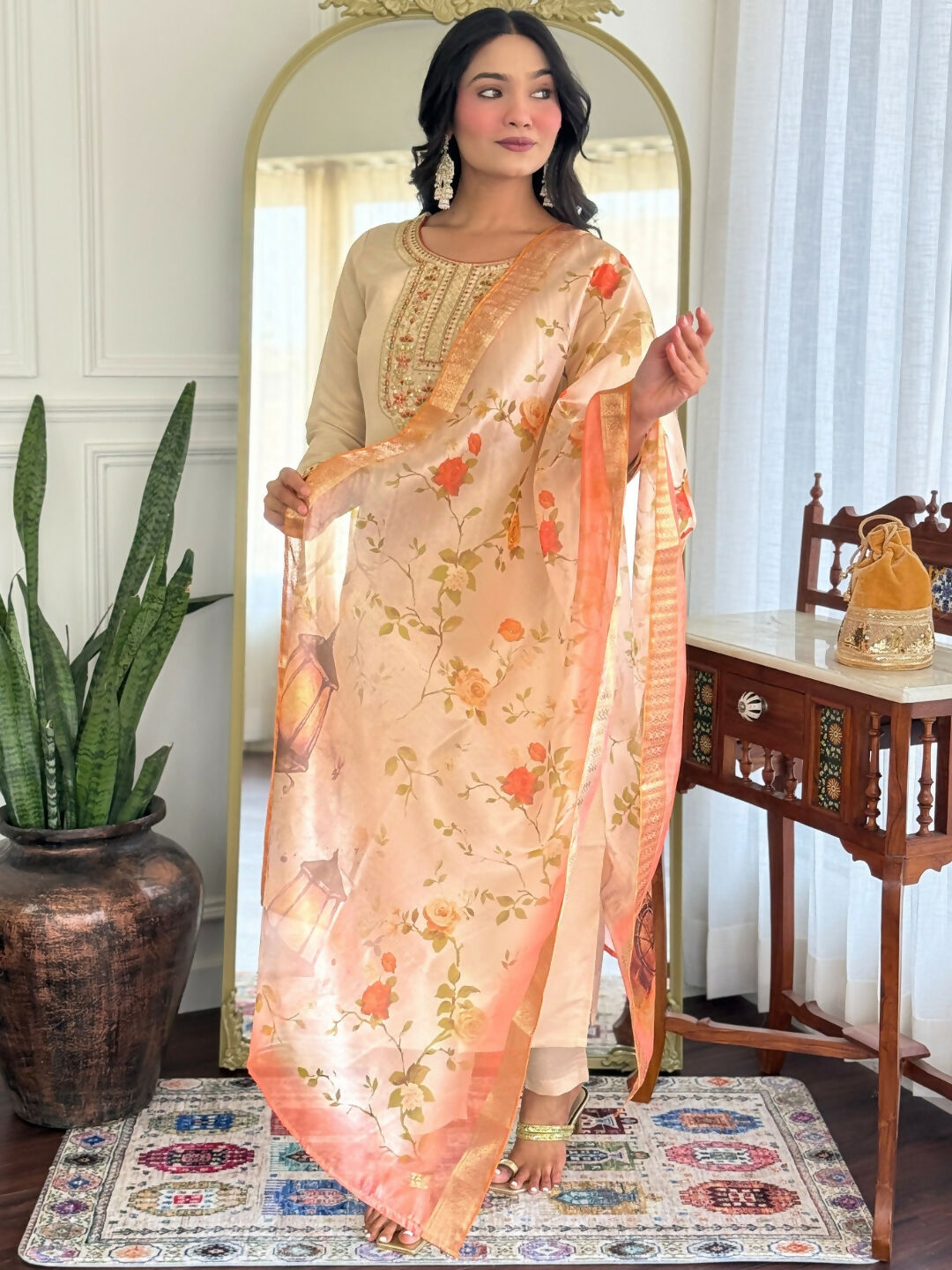 The52 Chiku Women's Beautiful Rayon Fabric Embroidered Work Straight Kurta Pant and Dupatta Set - Swadesiicart