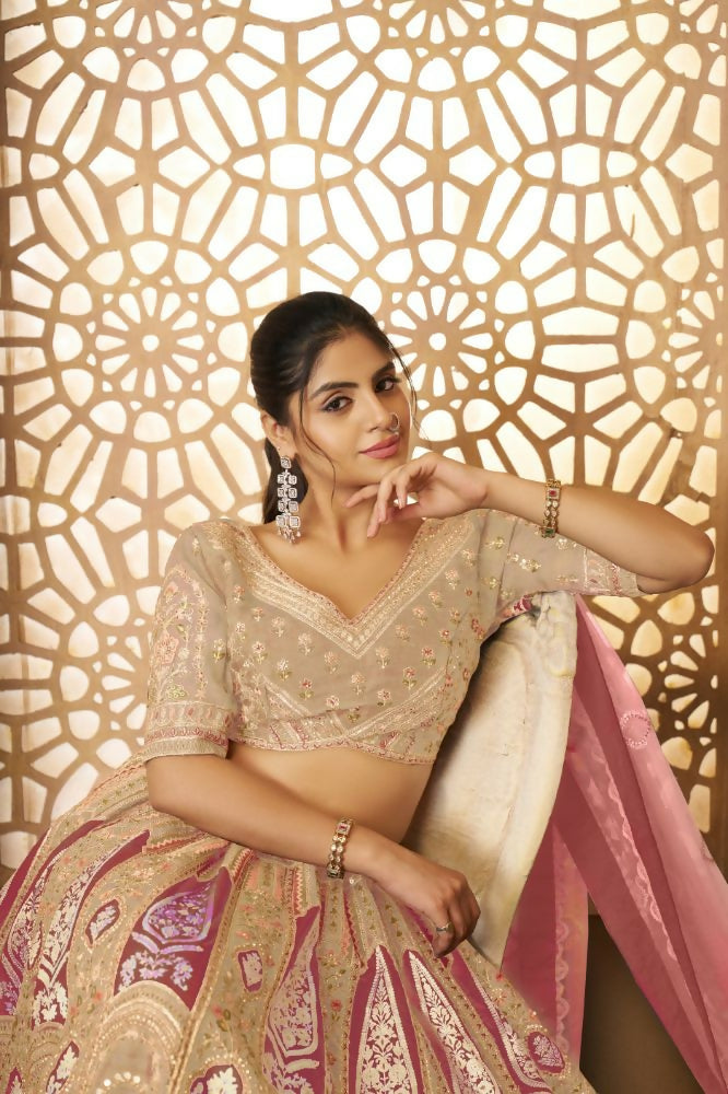 Kesar Fab Chiku Banarasi Silk Embroidered Lehenga | Swadesiicart