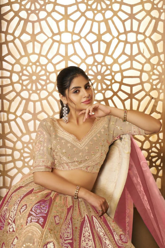 Kesar Fab Chiku Banarasi Silk Embroidered Lehenga | Swadesiicart