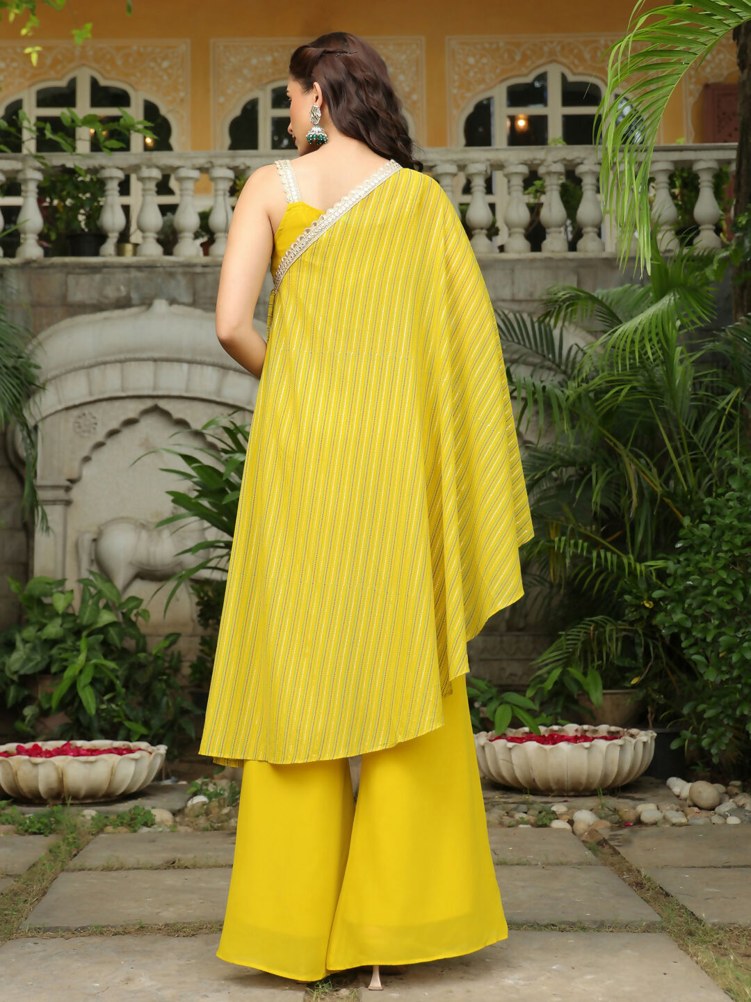 Janasya Yellow Georgette Solid Top Bottom Cape | Swadesiicart