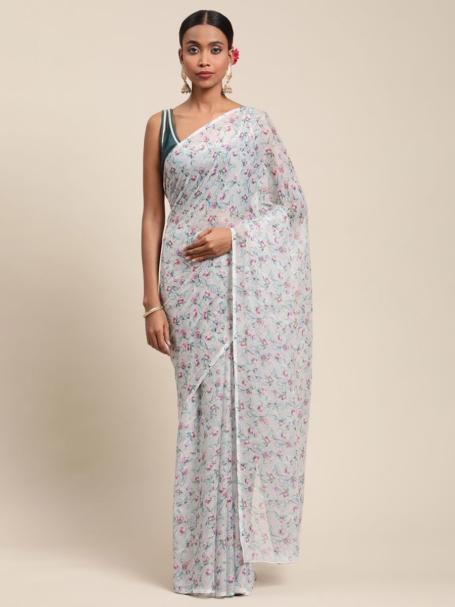 Ahalyaa Women's Grey Chiffon Digital Print Floral Saree | Swadesiicart