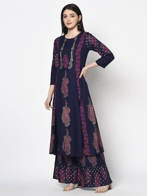 Aniyah Rayon Navy Blue Color Block Print A-line Flared Long Kurta With Two Front Slits (AN-215K) - Swadesiicart