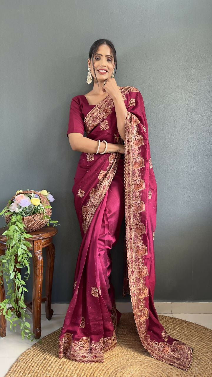 Vastranavya Pink Vichitra Silk Zari with Swarovski Work Ready to Wear Saree | Swadesiicart