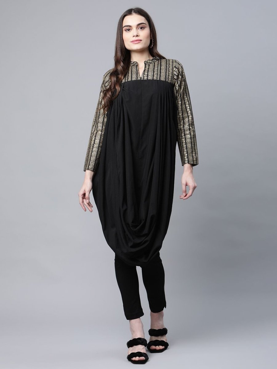 Ahalyaa Womens Black Crepe Rubber Print Cowl Style Kurta | Swadesiicart