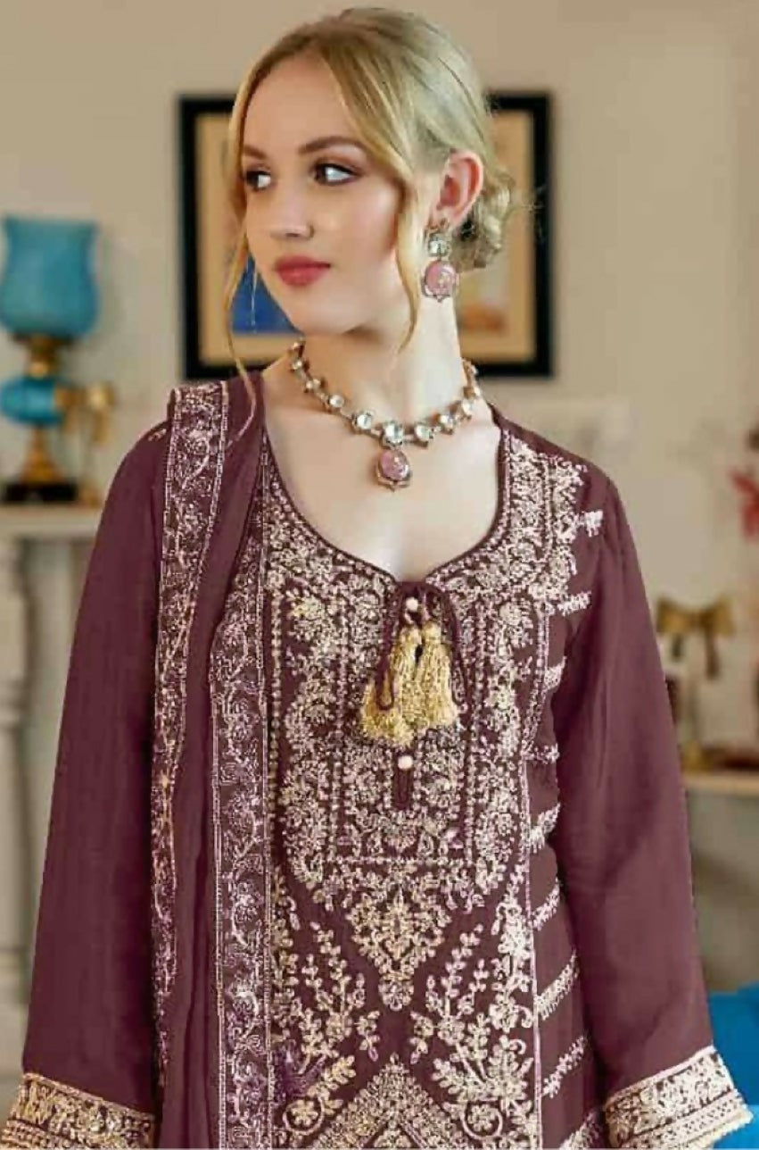 Anaita Brown Vichitra Simar With Embroidery Coding Sequence Stitched Salwar Suit