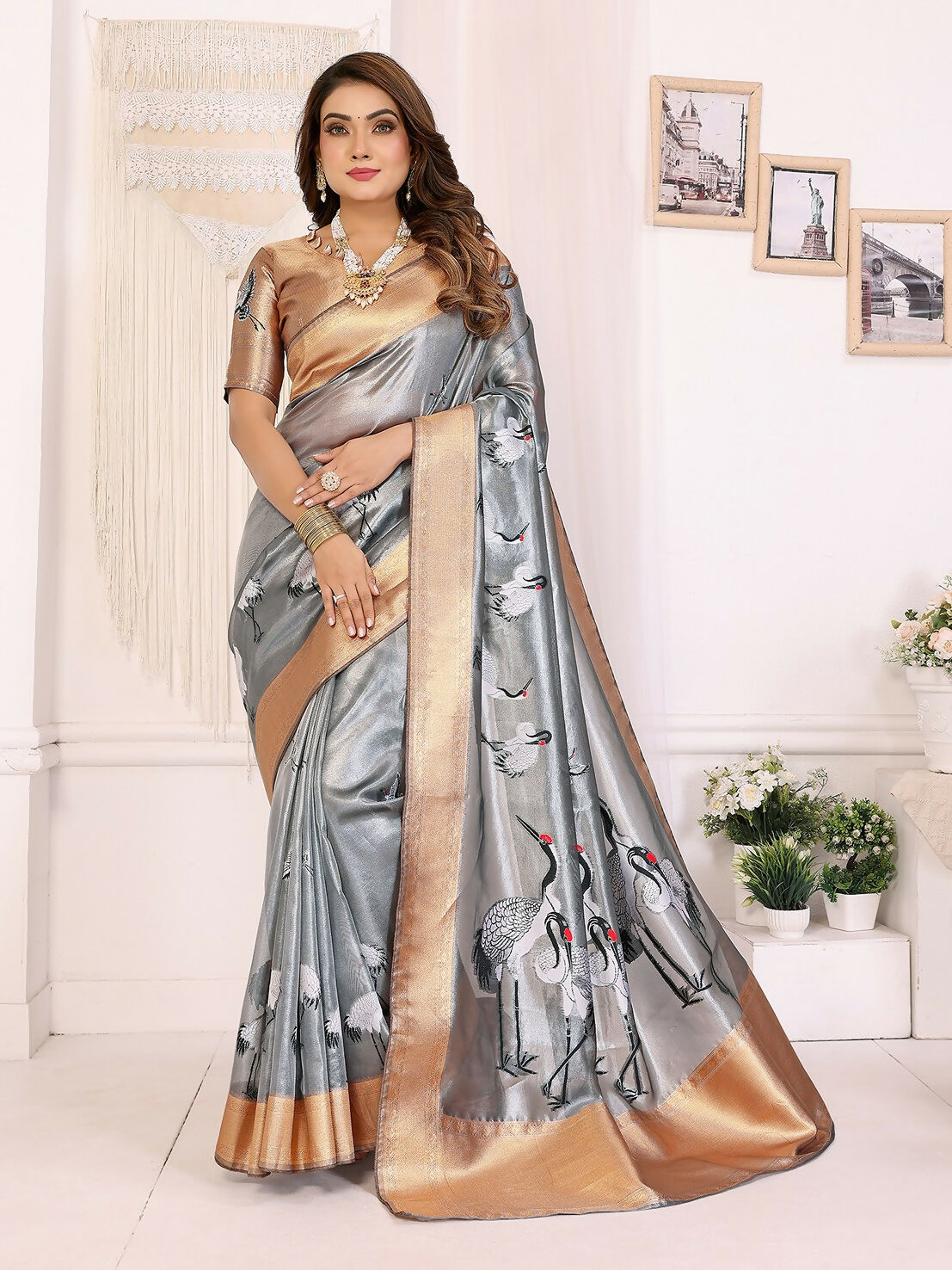 Joban Fashion Golden Cranes Patterns Banarasi Silk Sarees | Swadesiicart
