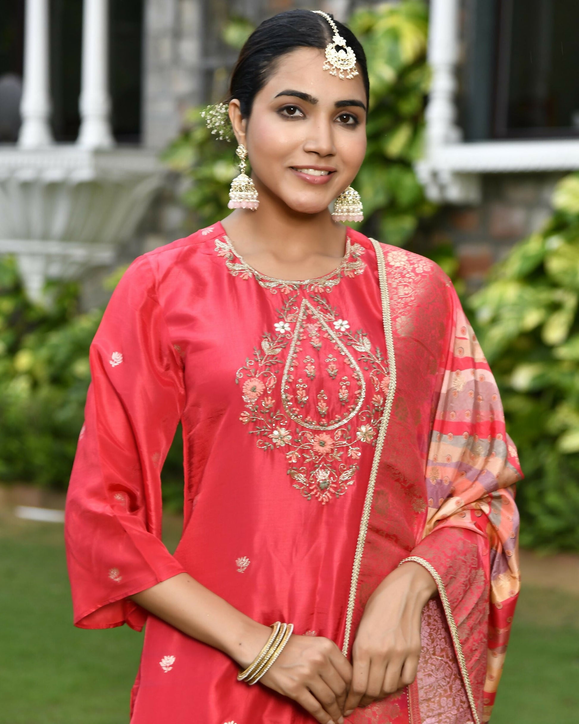 Vaasva Women's Silk Red Emboidered Solid Kurta, Sharara & Dupatta Set | Swadesiicart