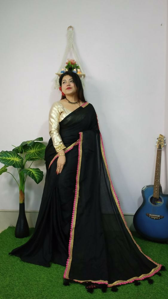Exclusive Collection Beautiful Khadi Cotton Handloom Saree With Beautiful Zari Border - Black - Swadesiicart