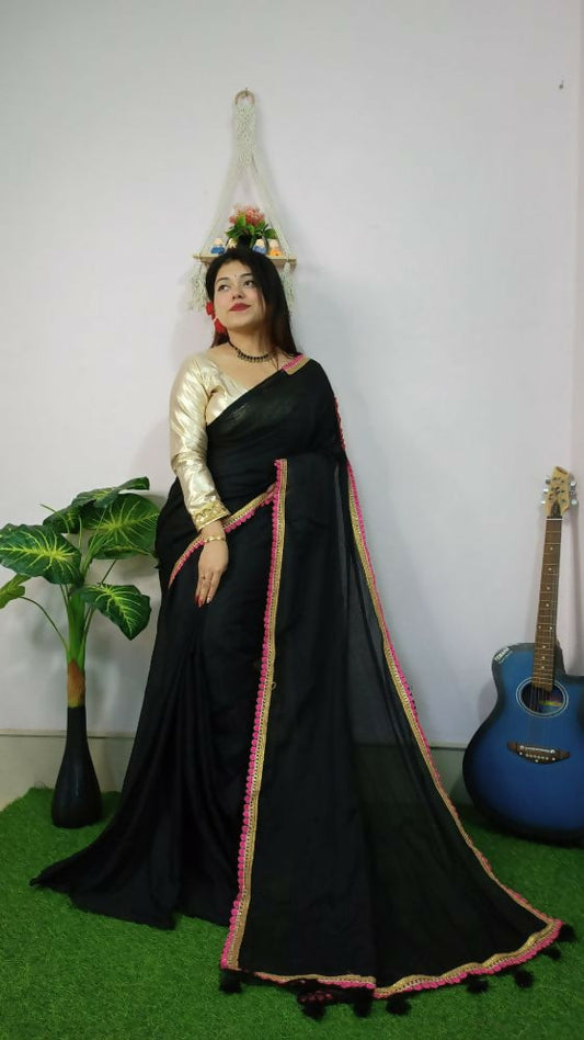 Exclusive Collection Beautiful Khadi Cotton Handloom Saree With Beautiful Zari Border - Black - Swadesiicart