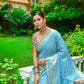 Vishnu Weaves Women's Firozi Linen Cotton Bandhani Woven Saree with Blouse - Swadesiicart