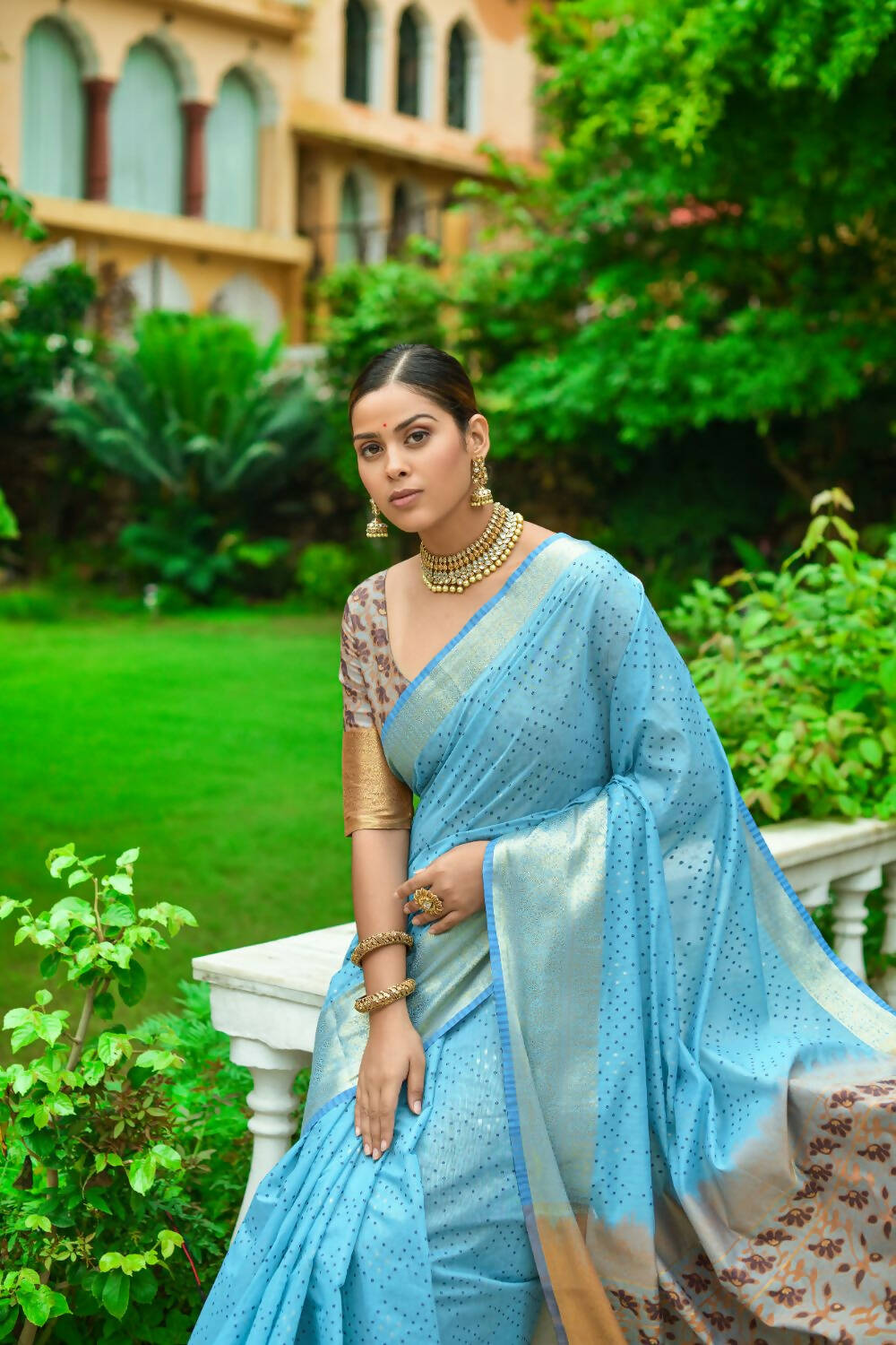 Vishnu Weaves Women's Firozi Linen Cotton Bandhani Woven Saree with Blouse - Swadesiicart