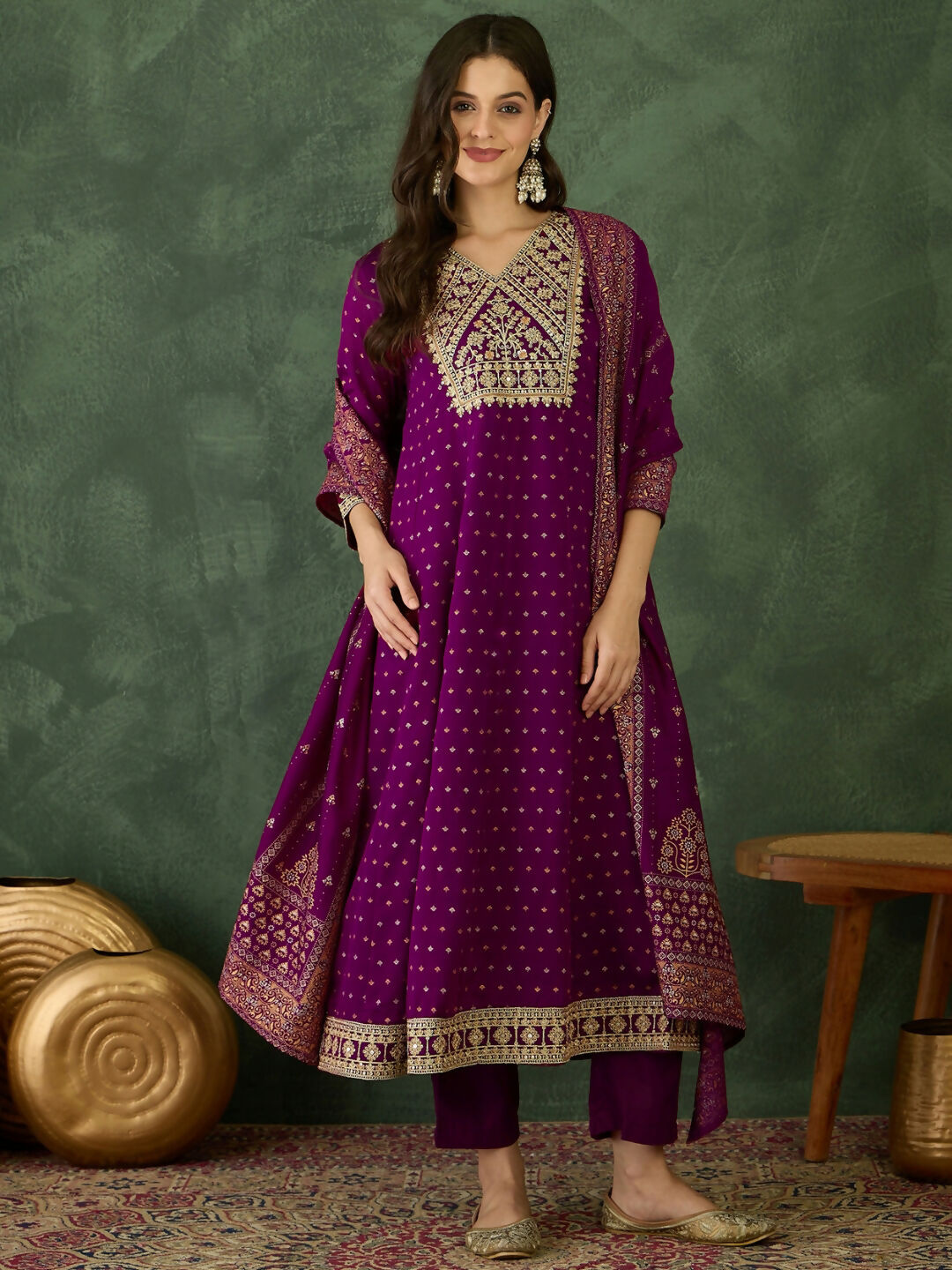 The52 Wine Women's Gorgeous Embroidered Work Vichitra Silk Fabric Flared Kurta Pant and Dupatta Set - Swadesiicart