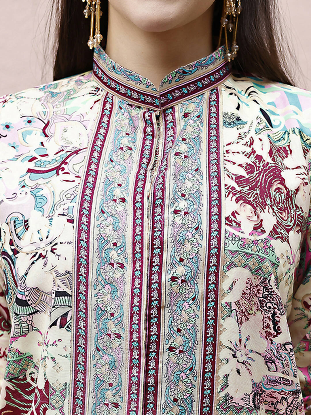 Cream Rayon Floral Printed Top with Matching Bottom - Eesha - Swadesiicart