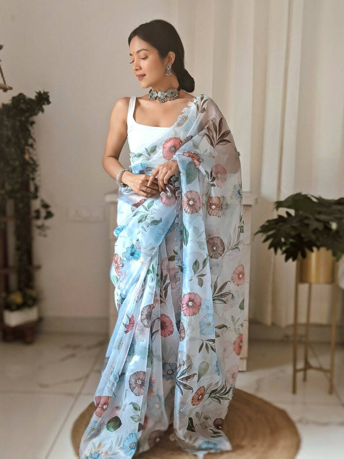 Vamsee White Organza Saree - Swadesiicart