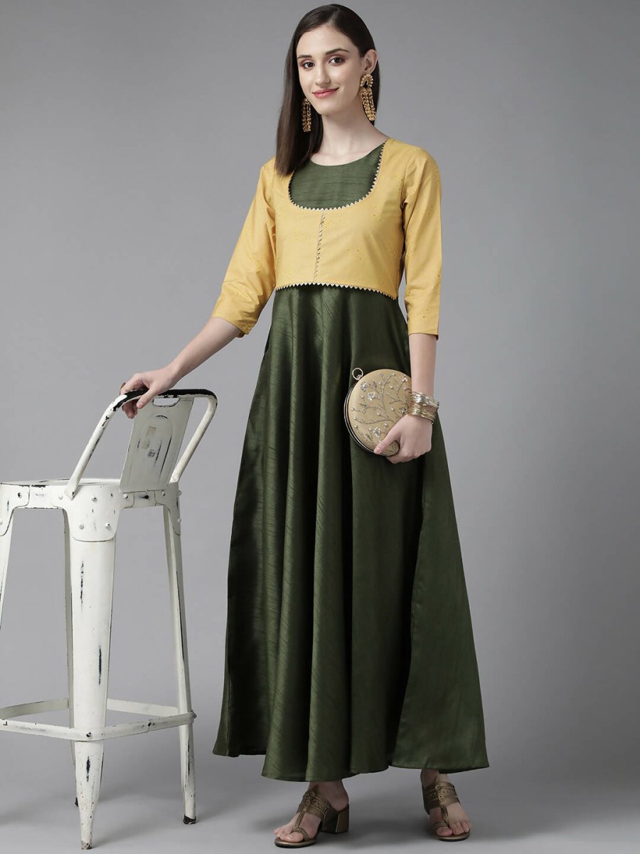 Ahalyaa Womens Olive Art Silk Solid Dress with Jacket | Swadesiicart