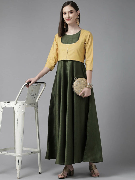 Ahalyaa Womens Olive Art Silk Solid Dress with Jacket | Swadesiicart