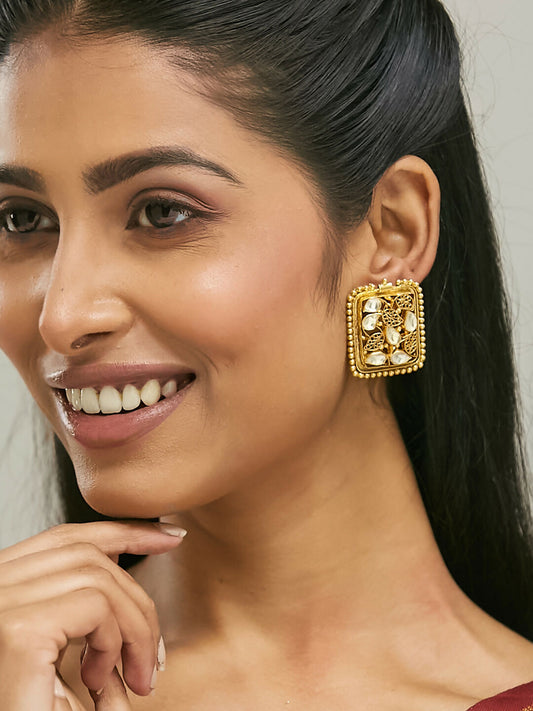 Nuyug 22K Gold-Plated Kundan & Filigree Concept Rectangular Leafy Studs | Swadesiicart