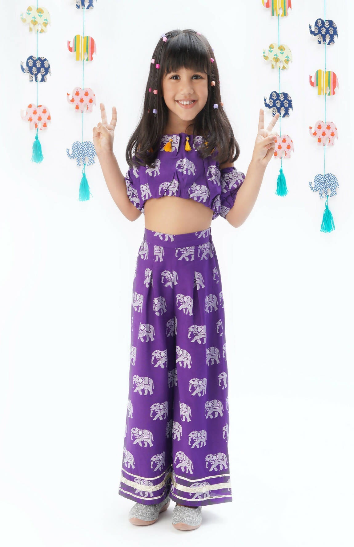 Lil Drama Trunk Tales Girls Purple Crop Top With Pants Co-Ordinate Set - Swadesiicart